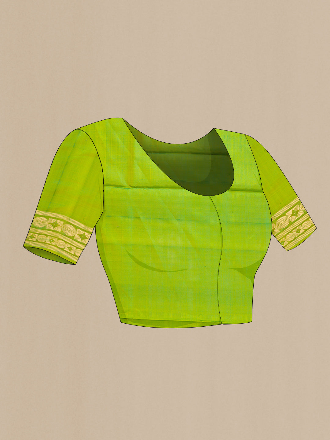 Close up image of the blouse of Green Dual Tone Soft Silk Saree with Zari Brocade on the body and Zari Border. 