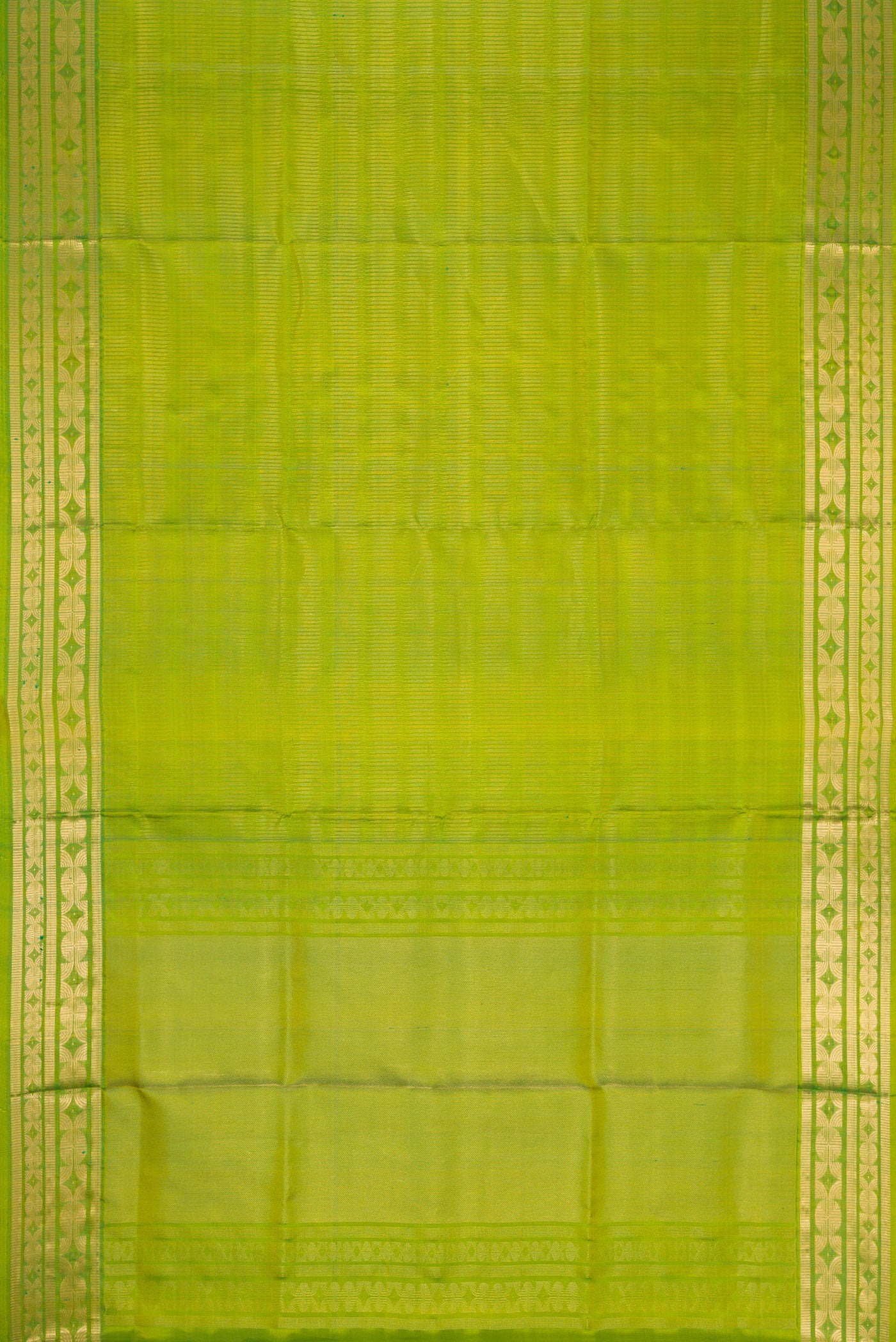 Flat view of Green Dual Tone Soft Silk Saree with Zari Brocade on the body and Zari Border. 