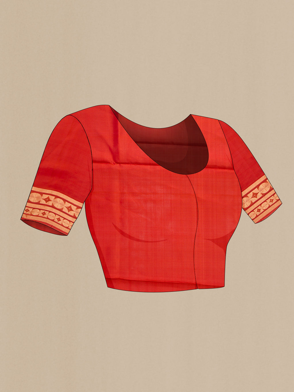 Close up image of the blouse of Brick Orange Dual Tone Soft Silk Saree with Zari Butta on the body and Zari Border. 