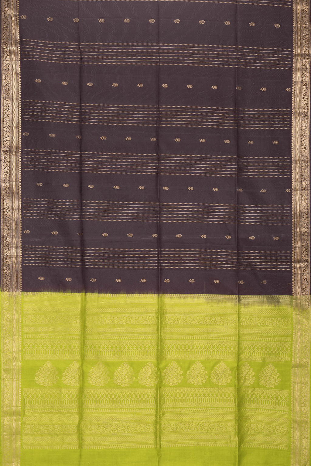 Flat view of Brown Dual Tone Soft Silk Saree with Zari Butta on the body and Zari Border. 