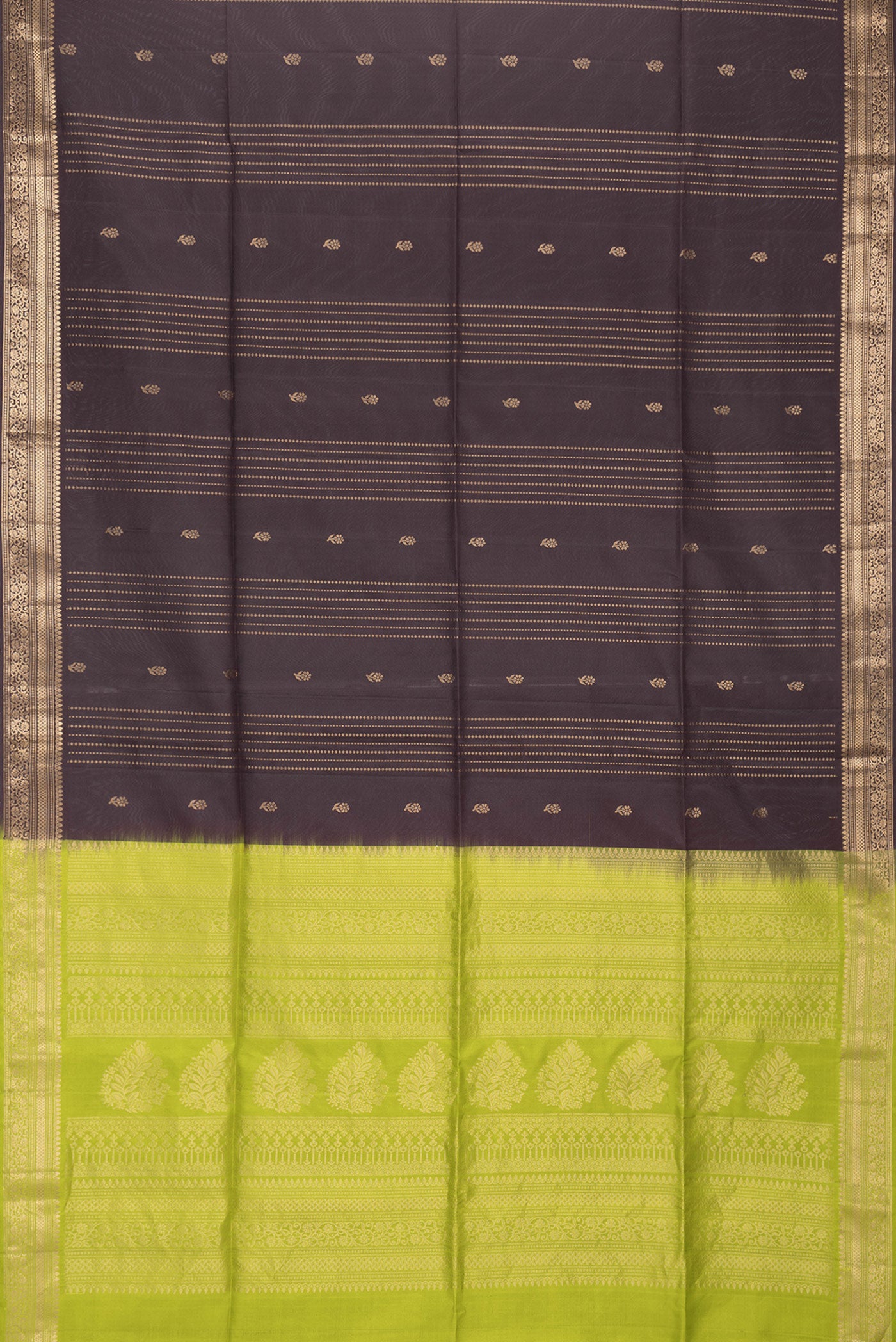 Flat view of Brown Dual Tone Soft Silk Saree with Zari Butta on the body and Zari Border. 
