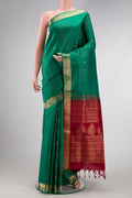 Green Dual Tone Soft Silk Nine Yards Saree with Zari Butta on the body and Zari Border.  displayed on a mannequin