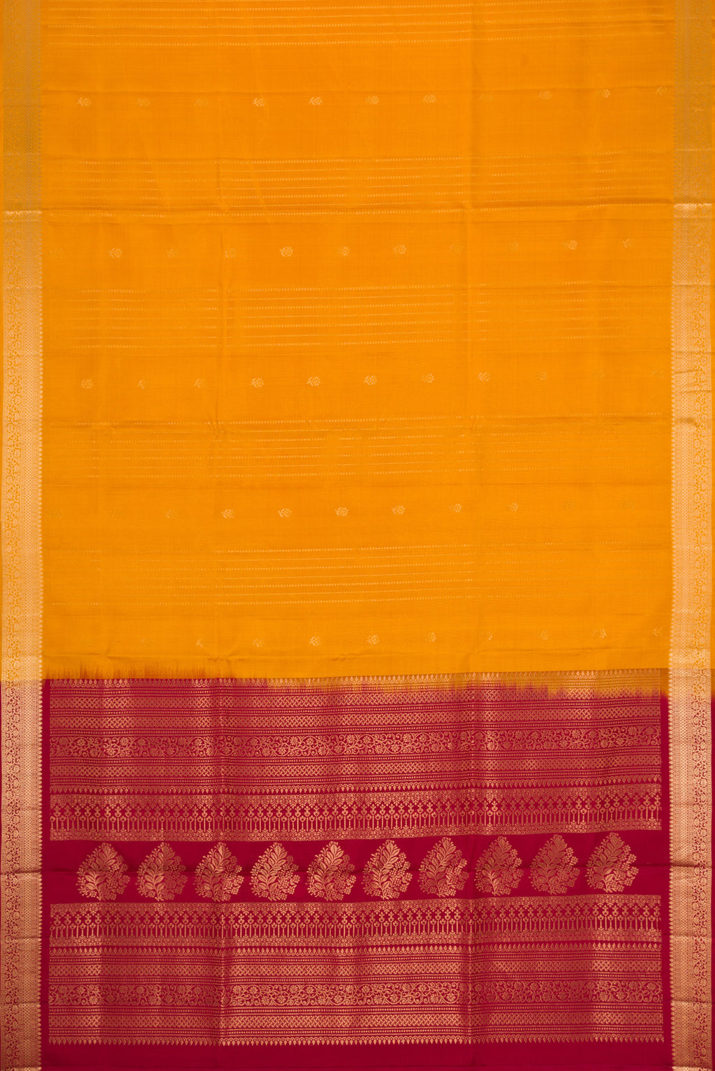 Flat view of Mustard Dual Tone Soft Silk Saree with Stripes on the body and Zari Border. 