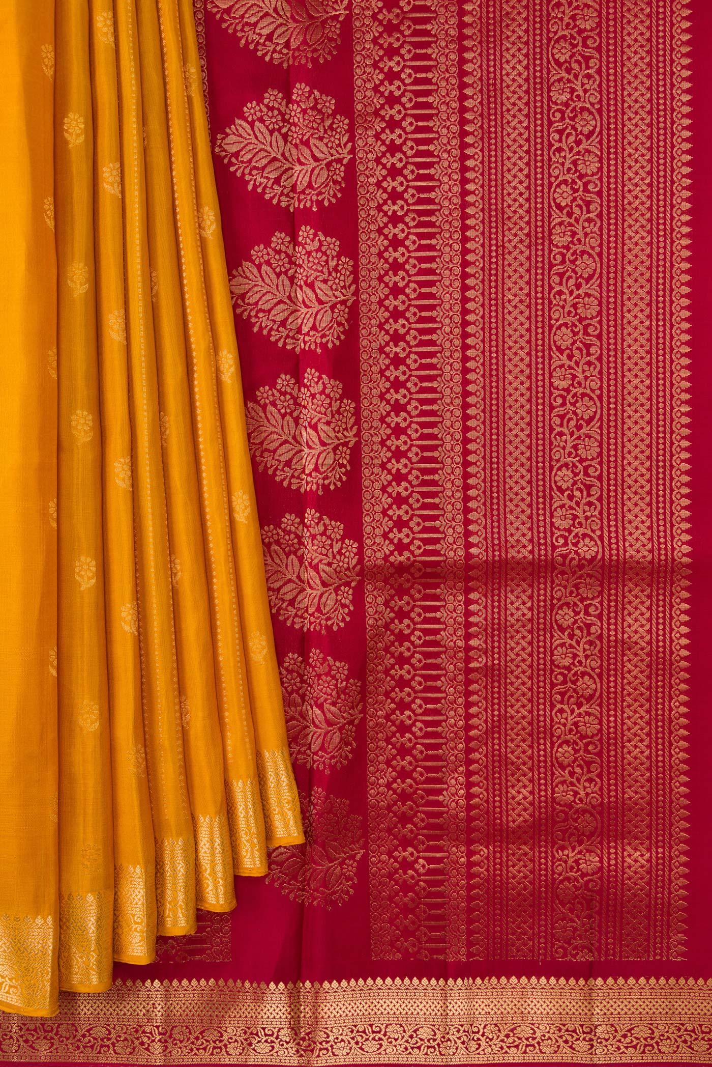 Pleats and pallu of Mustard Dual Tone Soft Silk Saree with Stripes on the body and Zari Border. 