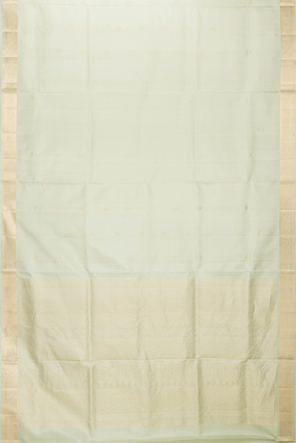 Flat view of Pista Green Dual Tone Soft Silk Saree with Zari Butta on the body and Zari Border. 