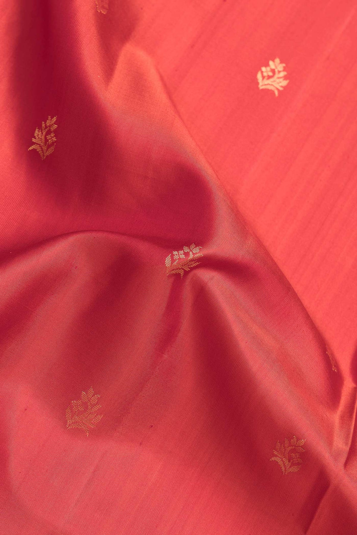 Close up of Brick Orange Dual Tone Soft Silk Saree with Zari Butta on the body and Zari Border.  displaying folds