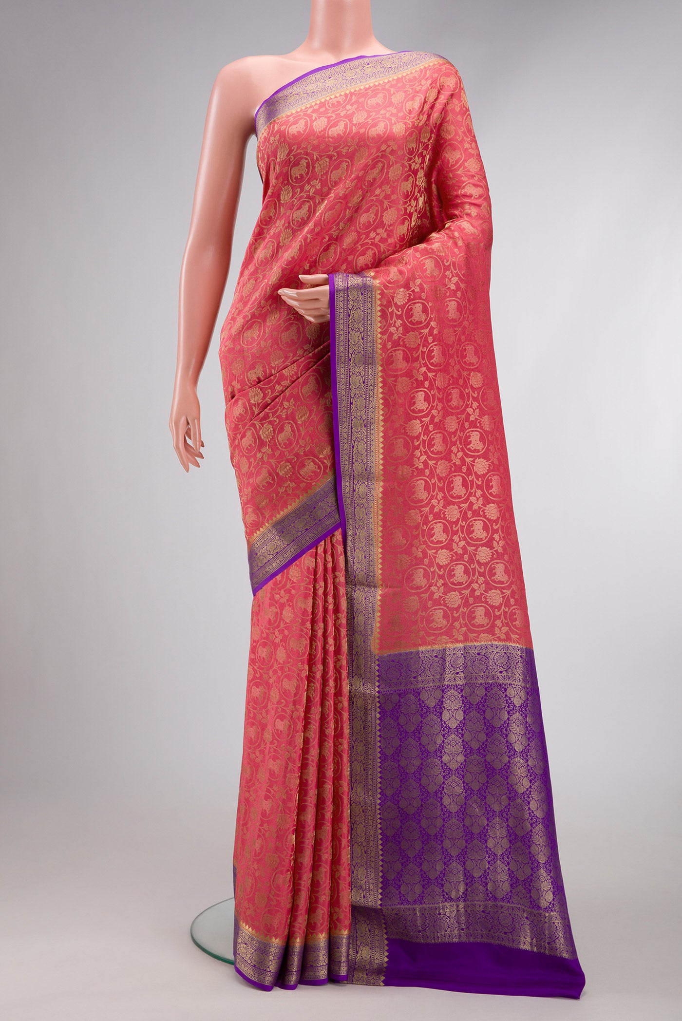 Dark Pink Dual Tone Mysore Silk Saree with Zari Brocade on the body and Zari Border.  displayed on a mannequin