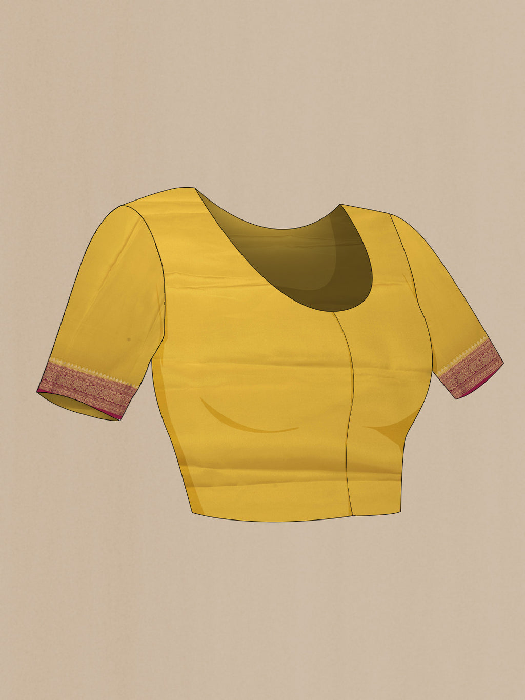 Close up image of the blouse of Yellow Dual Tone Mysore Silk Saree with Zari Brocade on the body and Zari Border. 