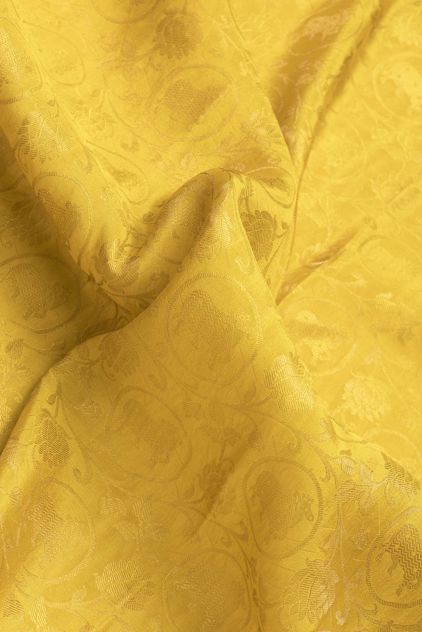 Close up of Yellow Dual Tone Mysore Silk Saree with Zari Brocade on the body and Zari Border.  displaying folds