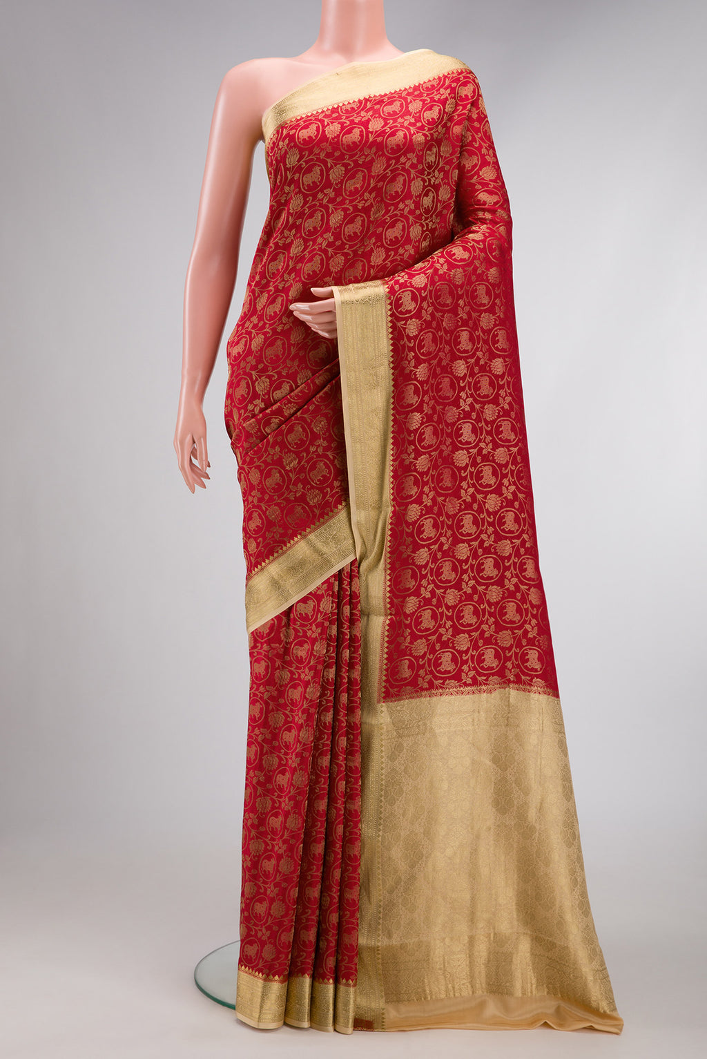 Red Dual Tone Mysore Silk Saree with Zari Brocade on the body and Zari Border.  displayed on a mannequin