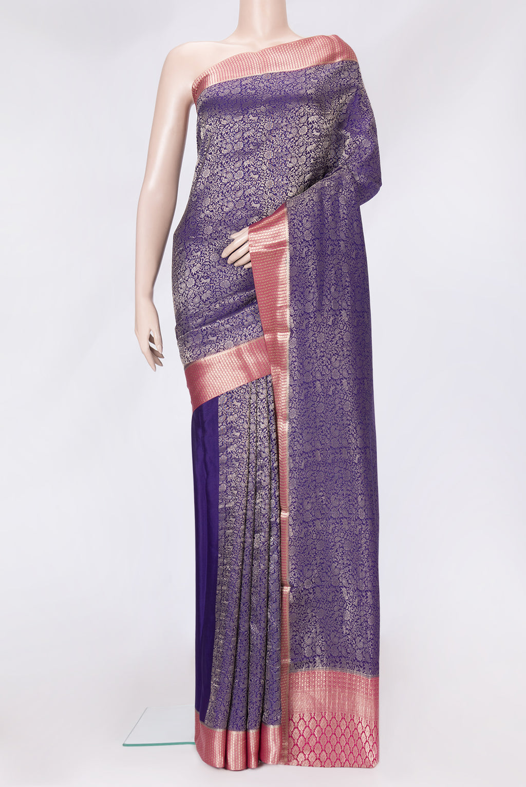 Navy Blue Dual Tone Tussar Silk Saree with Zari Brocade on the body and Zari Border.  displayed on a mannequin