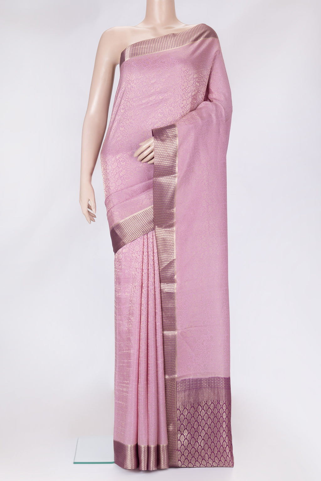 Pink Dual Tone Mysore Silk Saree with Zari Brocade on the body and Zari Border.  displayed on a mannequin