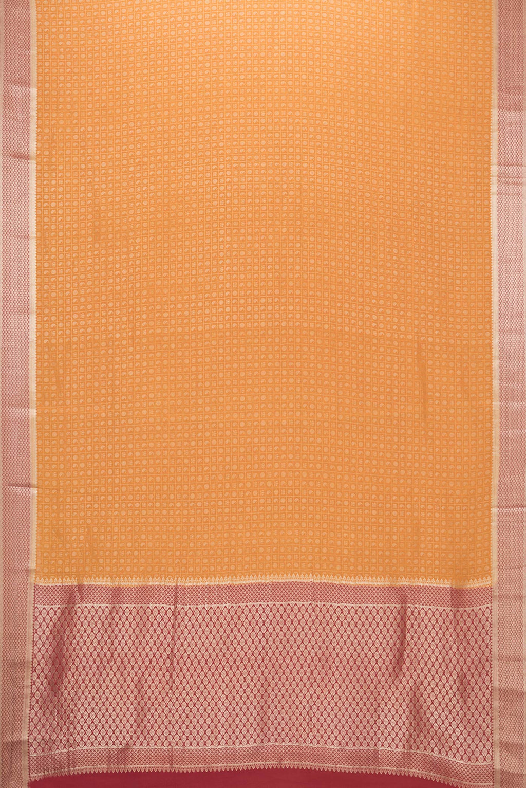 Flat view of Mustard Dual Tone Tussar Silk Saree with Zari Brocade on the body and Zari Border. 