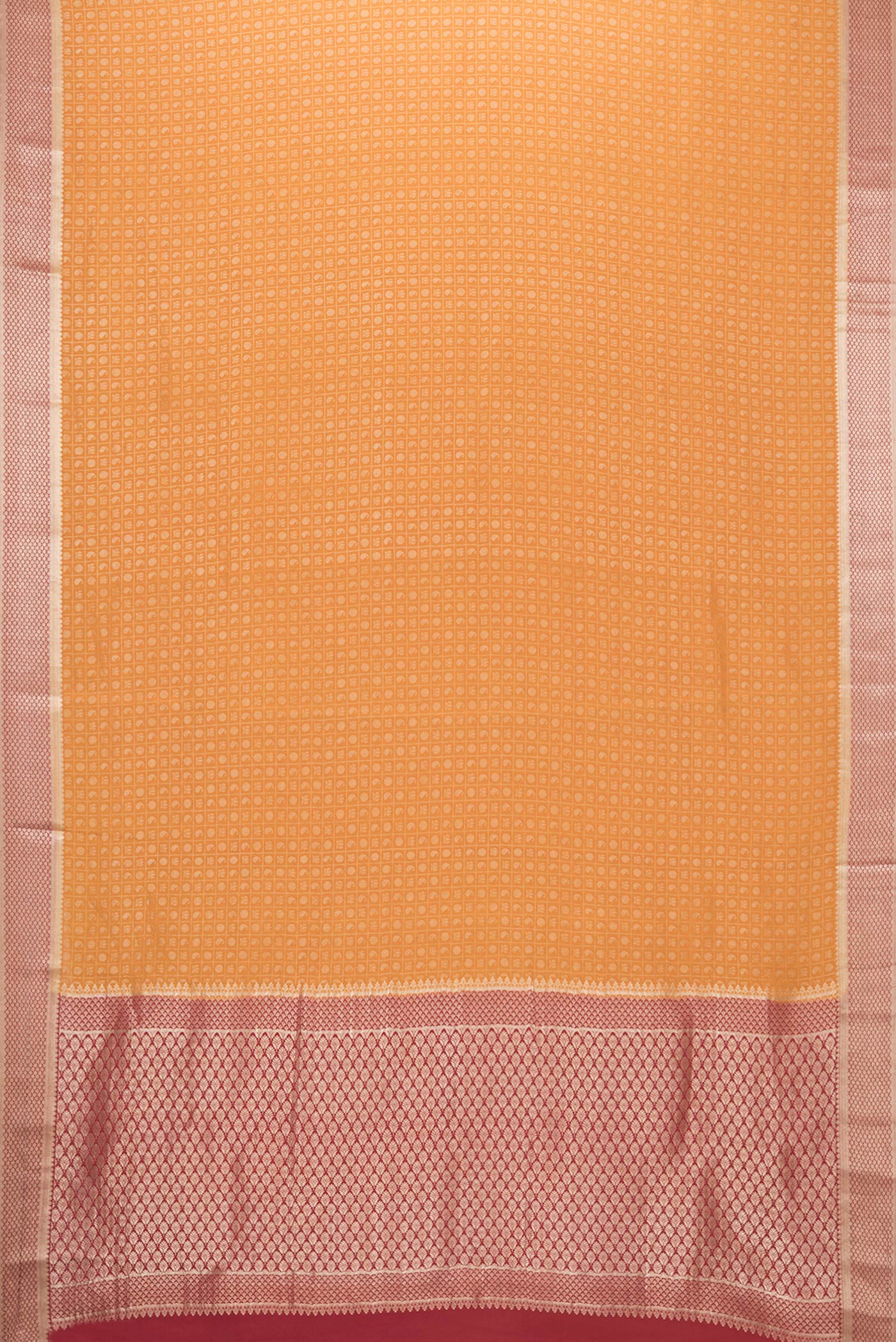 Flat view of Mustard Dual Tone Tussar Silk Saree with Zari Brocade on the body and Zari Border. 