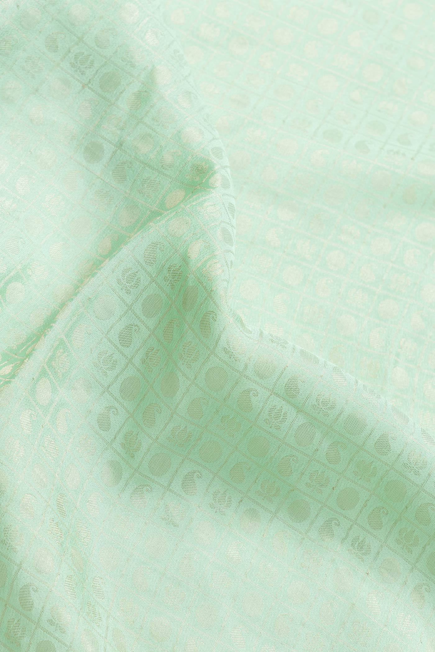 Close up of Pista Green Dual Tone Tussar Silk Saree with Zari Brocade on the body and Zari Border.  displaying folds
