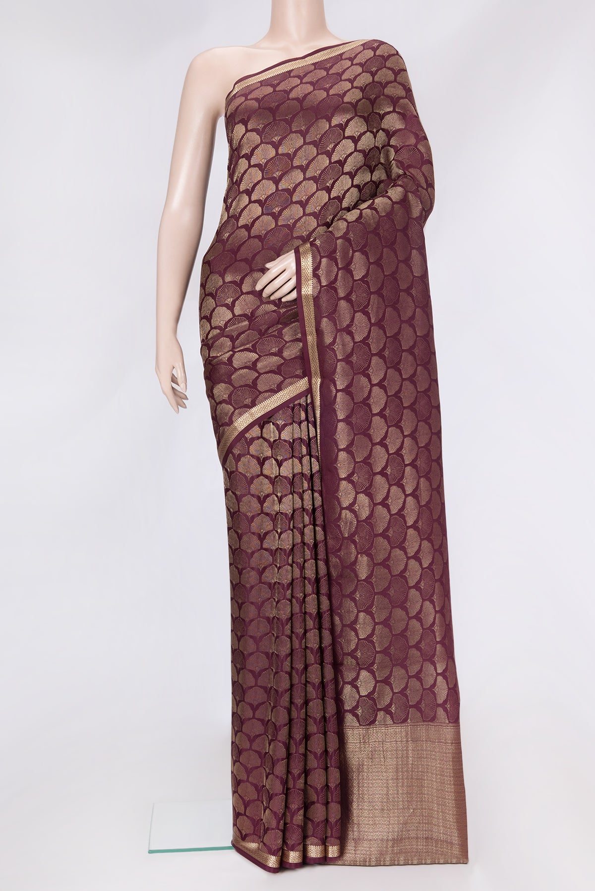 Maroon Dual Tone Tussar Silk Saree with Zari Brocade on the body and Zari Border.  displayed on a mannequin