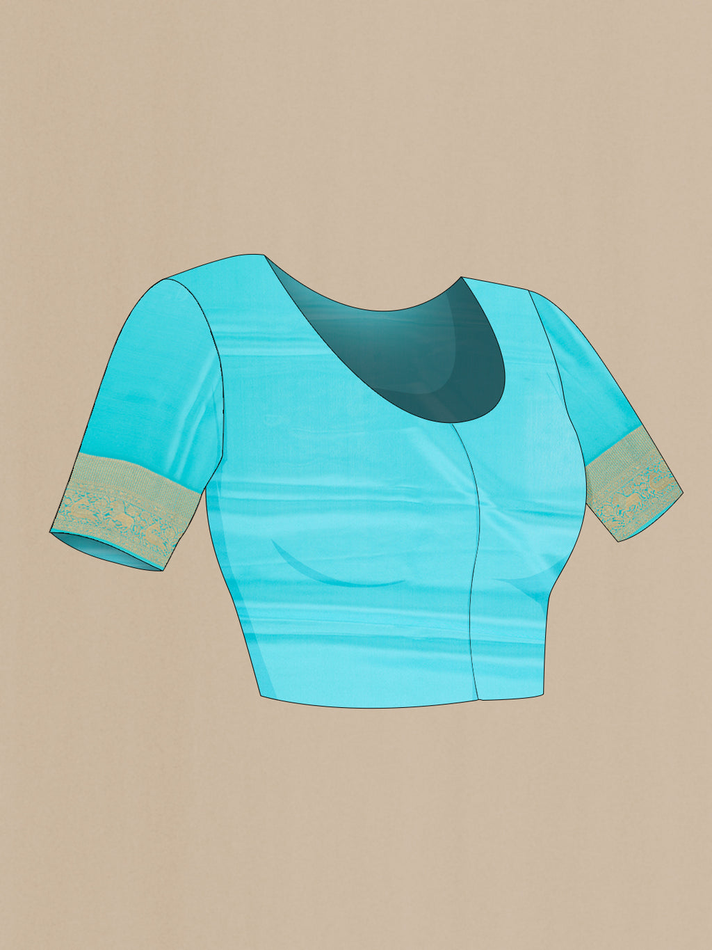 Close up image of the blouse of Sky Blue Dual Tone Mysore Crepe Saree with Zari Brocade on the body and Zari Border. 