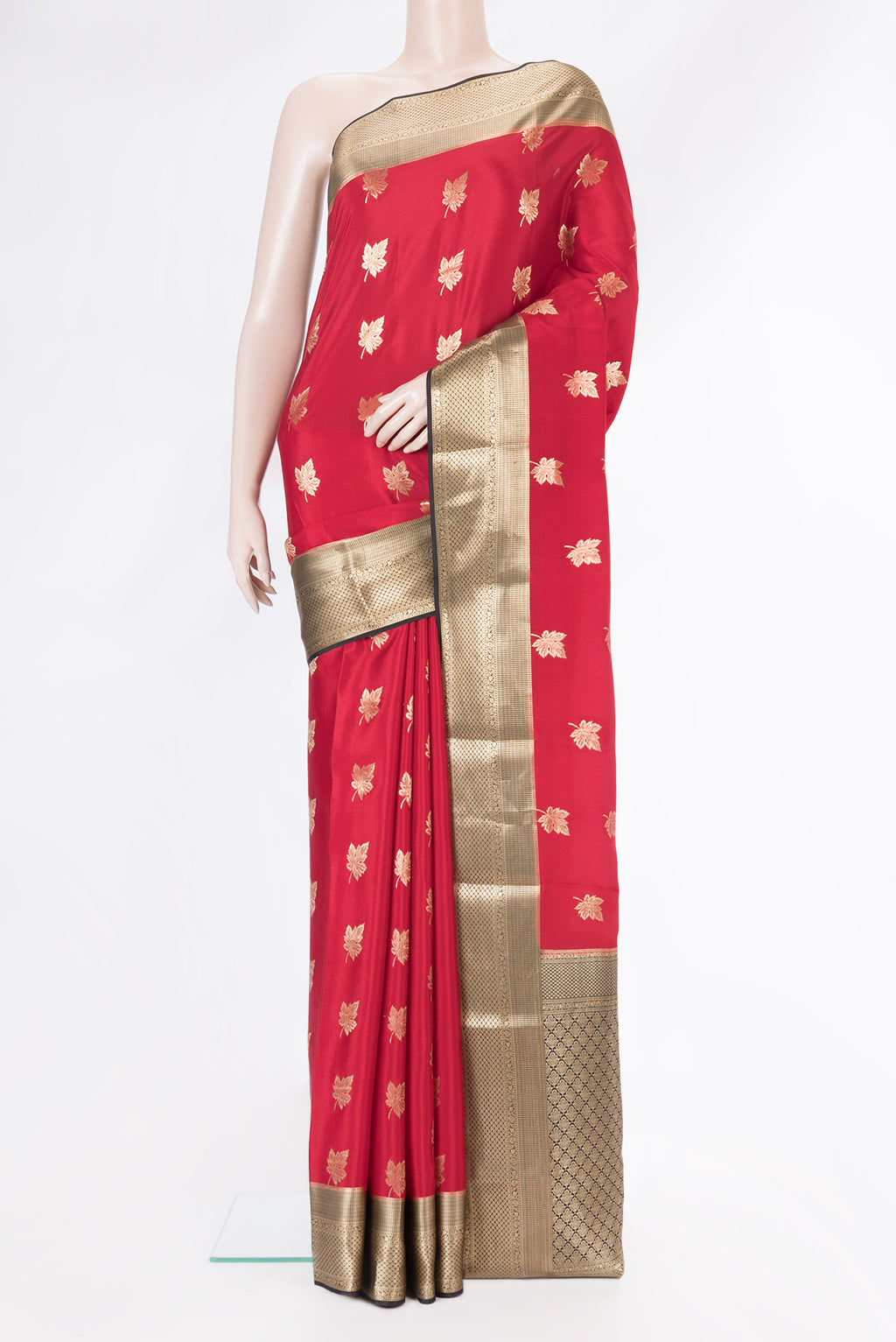 Red Dual Tone Mysore Silk Saree with Zari Butta on the body and Zari Border.  displayed on a mannequin