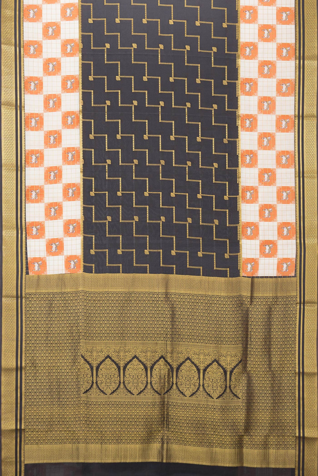 Flat view of Black Dual Tone Mysore Silk Saree with Zari Butta on the body and Fancy Border. 