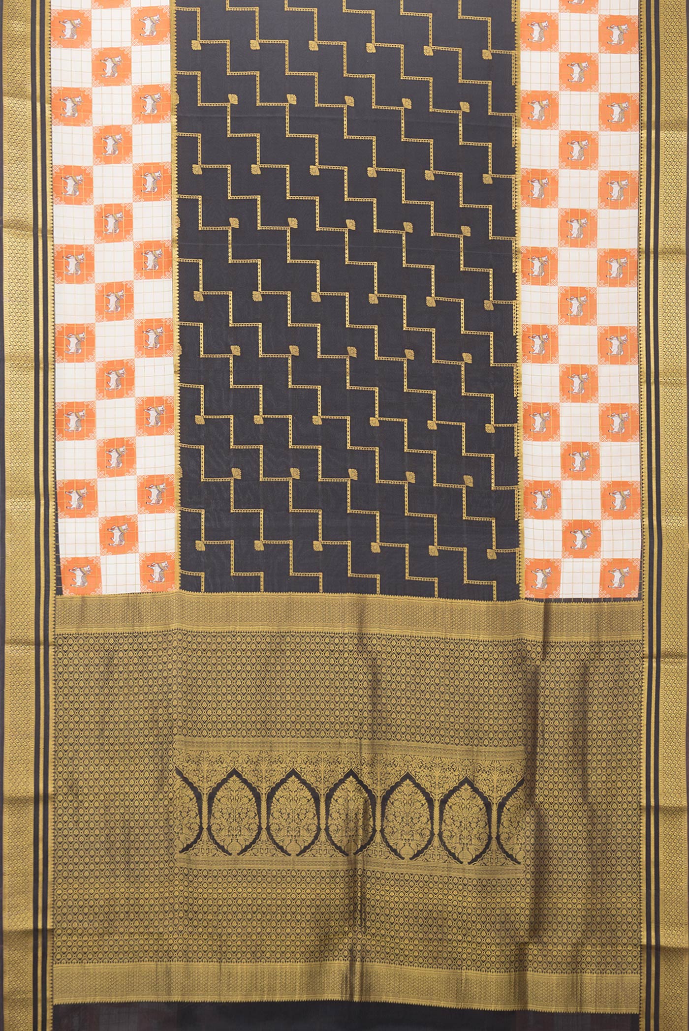 Flat view of Black Dual Tone Mysore Silk Saree with Zari Butta on the body and Fancy Border. 