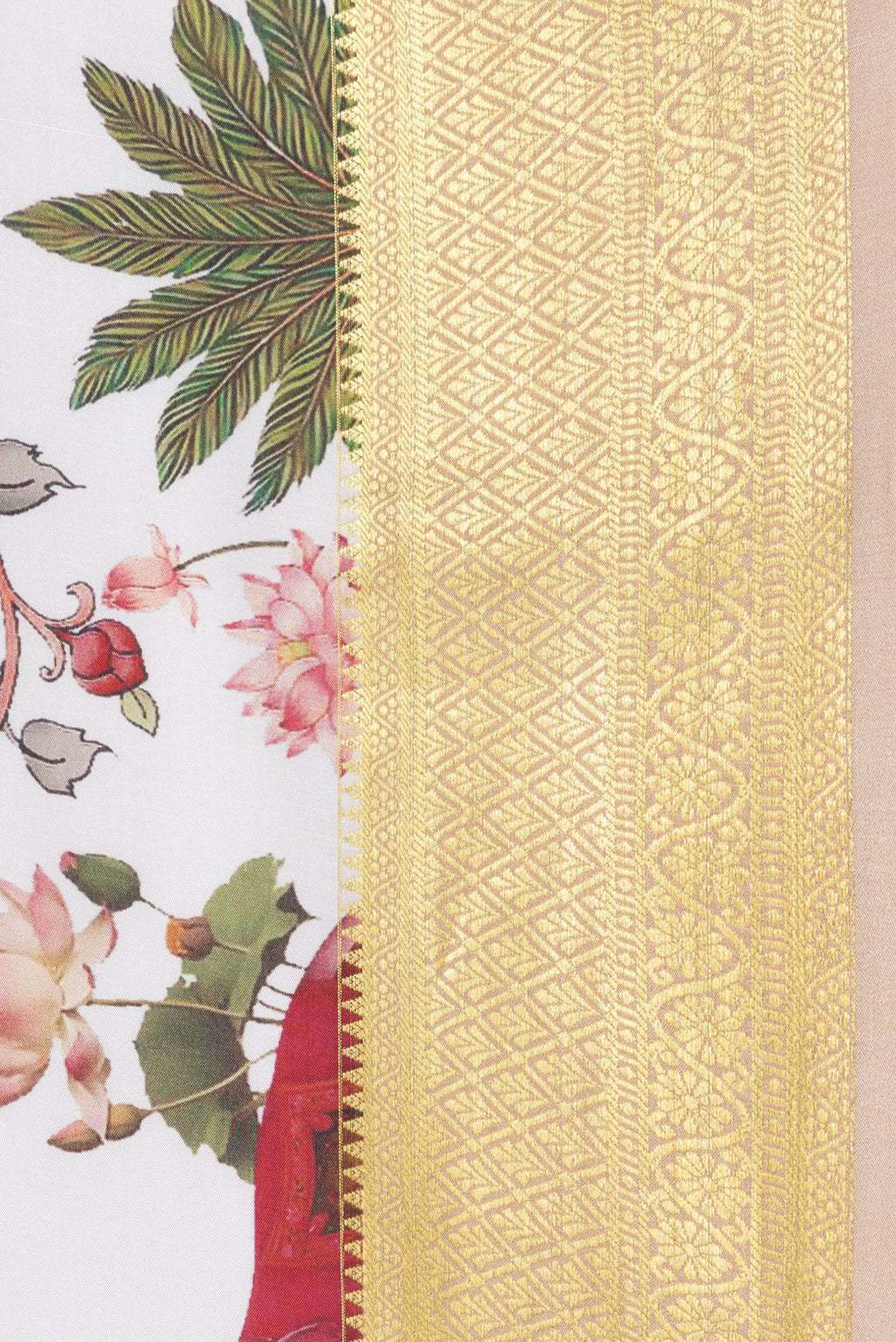 Border image of Off White Dual Tone Mysore Silk Saree with Printed design on the body and Zari Border. 