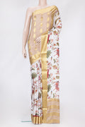 Off White Dual Tone Mysore Silk Saree with Printed design on the body and Zari Border.  displayed on a mannequin