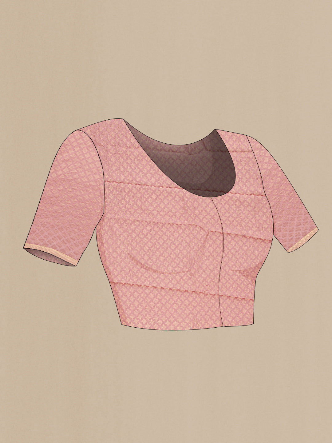 Close up image of the blouse of Rose Gold Mysore Chiffon Saree with Plain Body and Zari Border. 