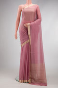 Rose Gold Mysore Chiffon Saree with Plain Body and Zari Border.  displayed on a mannequin