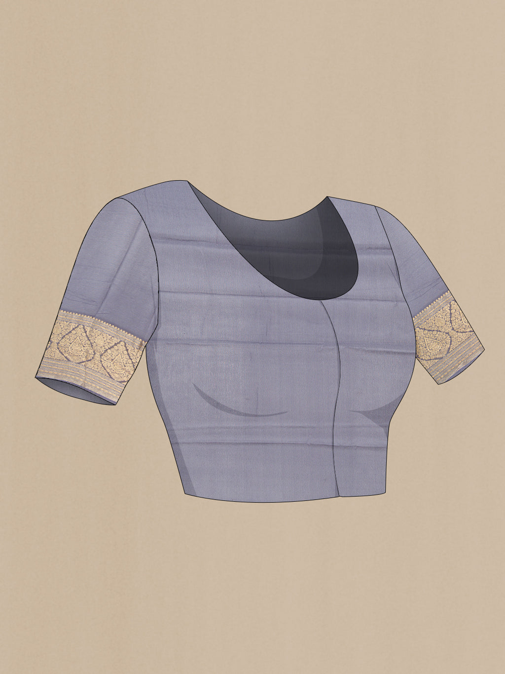 Close up image of the blouse of Grey Georgette Saree with Plain Body and Zari Border. 