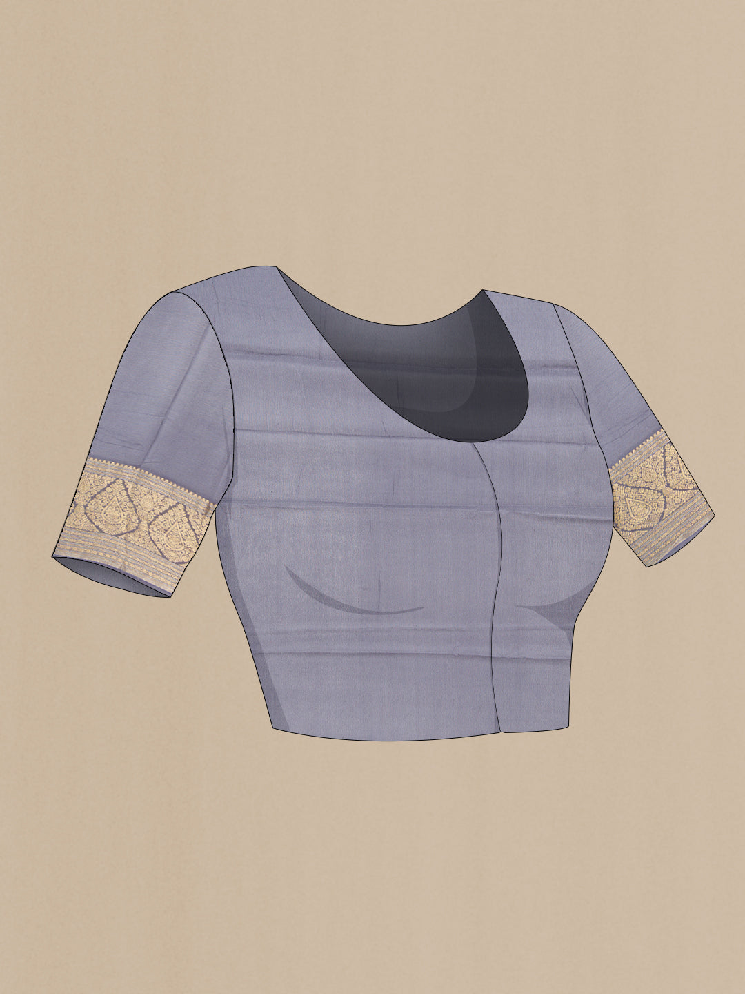 Close up image of the blouse of Grey Georgette Saree with Plain Body and Zari Border. 