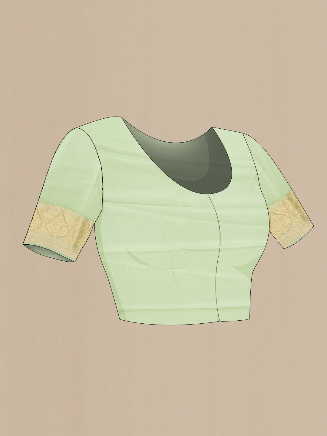 Close up image of the blouse of Pista Green Mysore Chiffon Saree with Plain Body and Zari Border. 