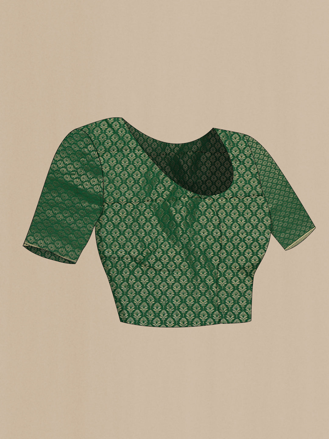 Close up image of the blouse of Green Georgette Saree with Stripes on the body and Zari Border. 