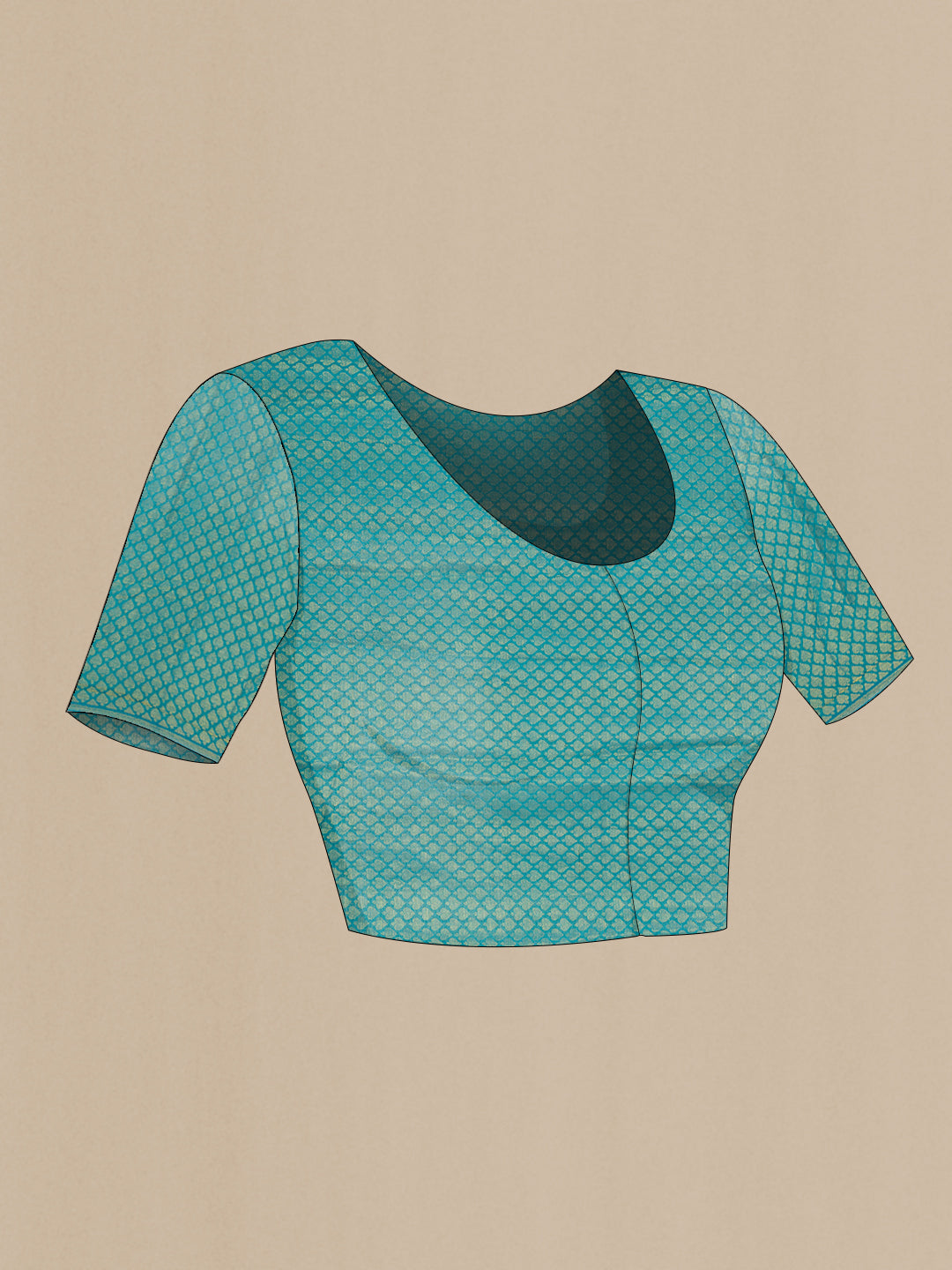 Close up image of the blouse of Peacock Blue Mysore Georgette Saree with Stripes on the body and Zari Border. 