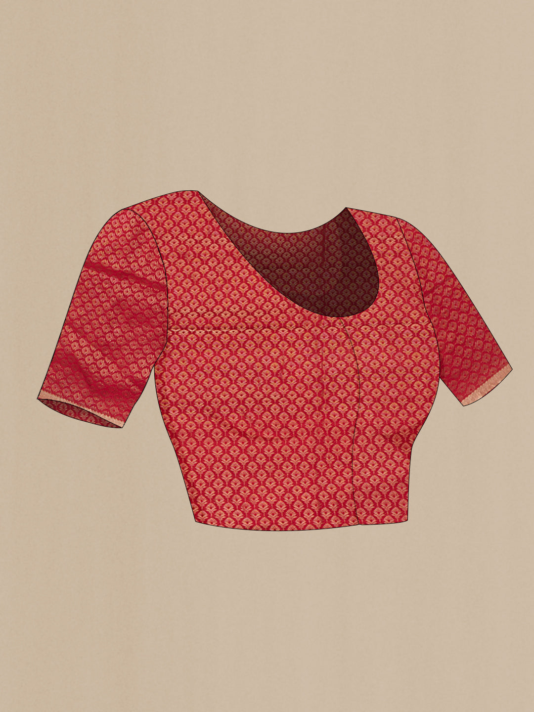 Close up image of the blouse of Red Mysore Chiffon Saree with Plain Body and Zari Border. 