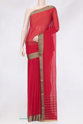 Red Mysore Chiffon Saree with Plain Body and Zari Border.  displayed on a mannequin
