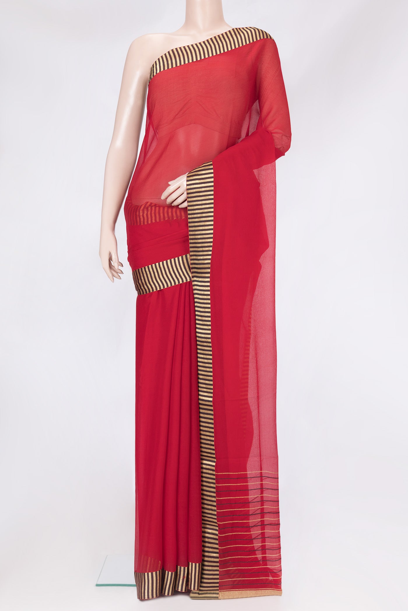 Red Mysore Chiffon Saree with Plain Body and Zari Border.  displayed on a mannequin