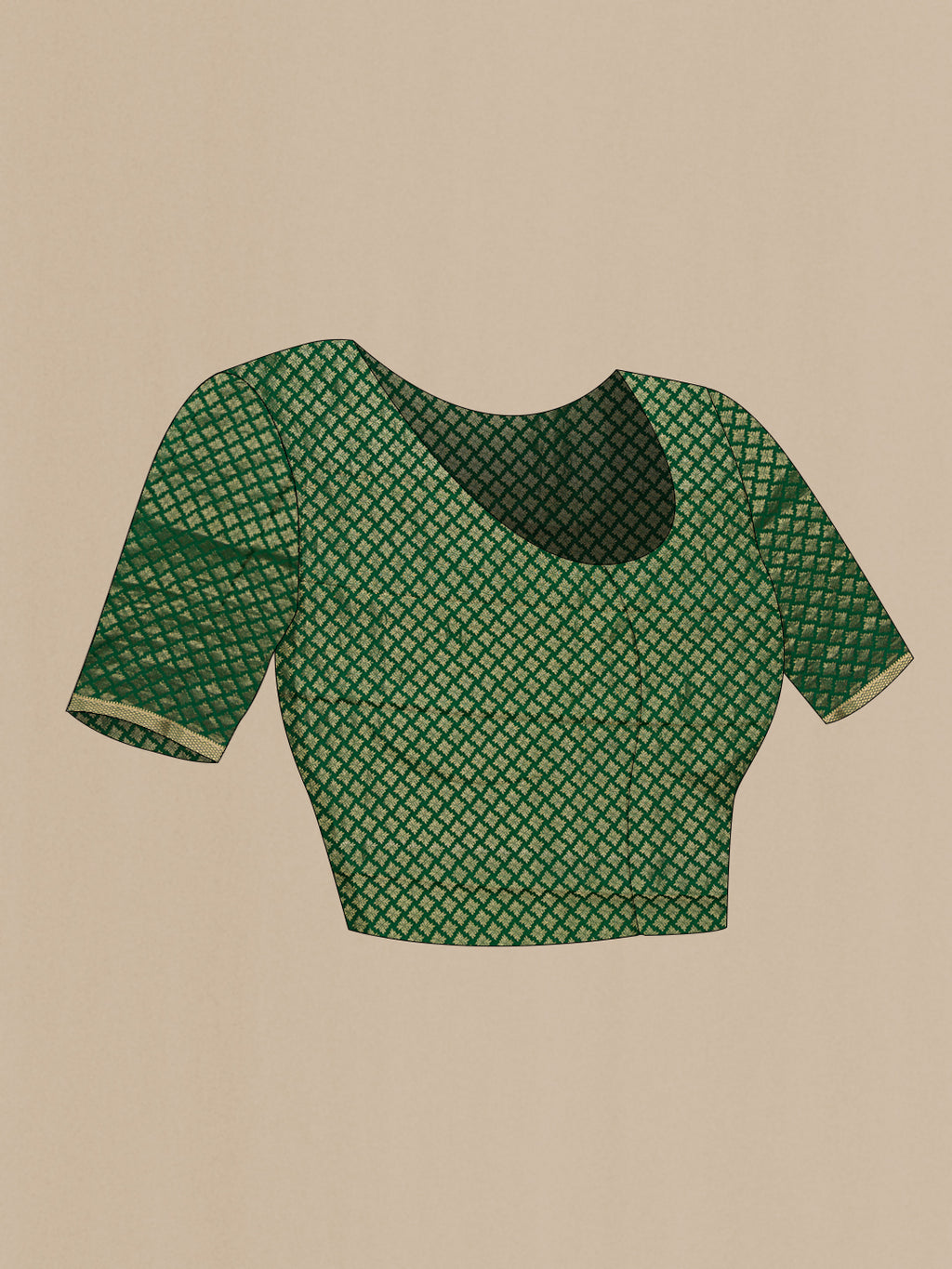 Close up image of the blouse of Bottle Green Mysore Chiffon Saree with Plain Body and Fancy Border. 