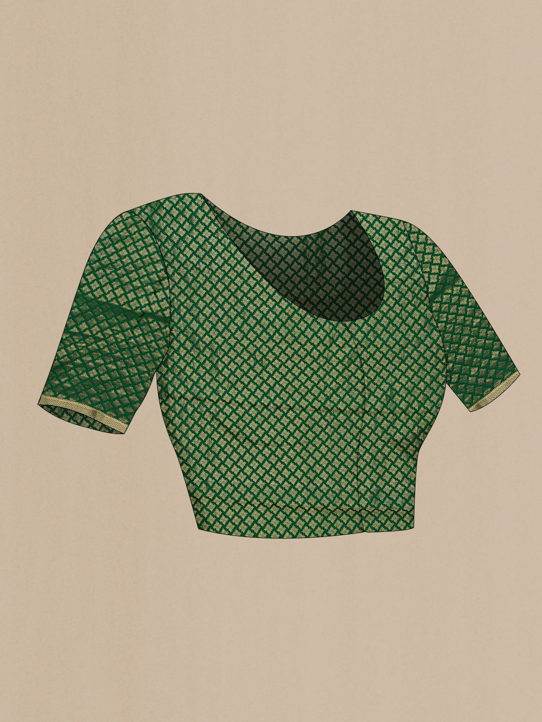 Close up image of the blouse of Bottle Green Mysore Chiffon Saree with Plain Body and Fancy Border. 