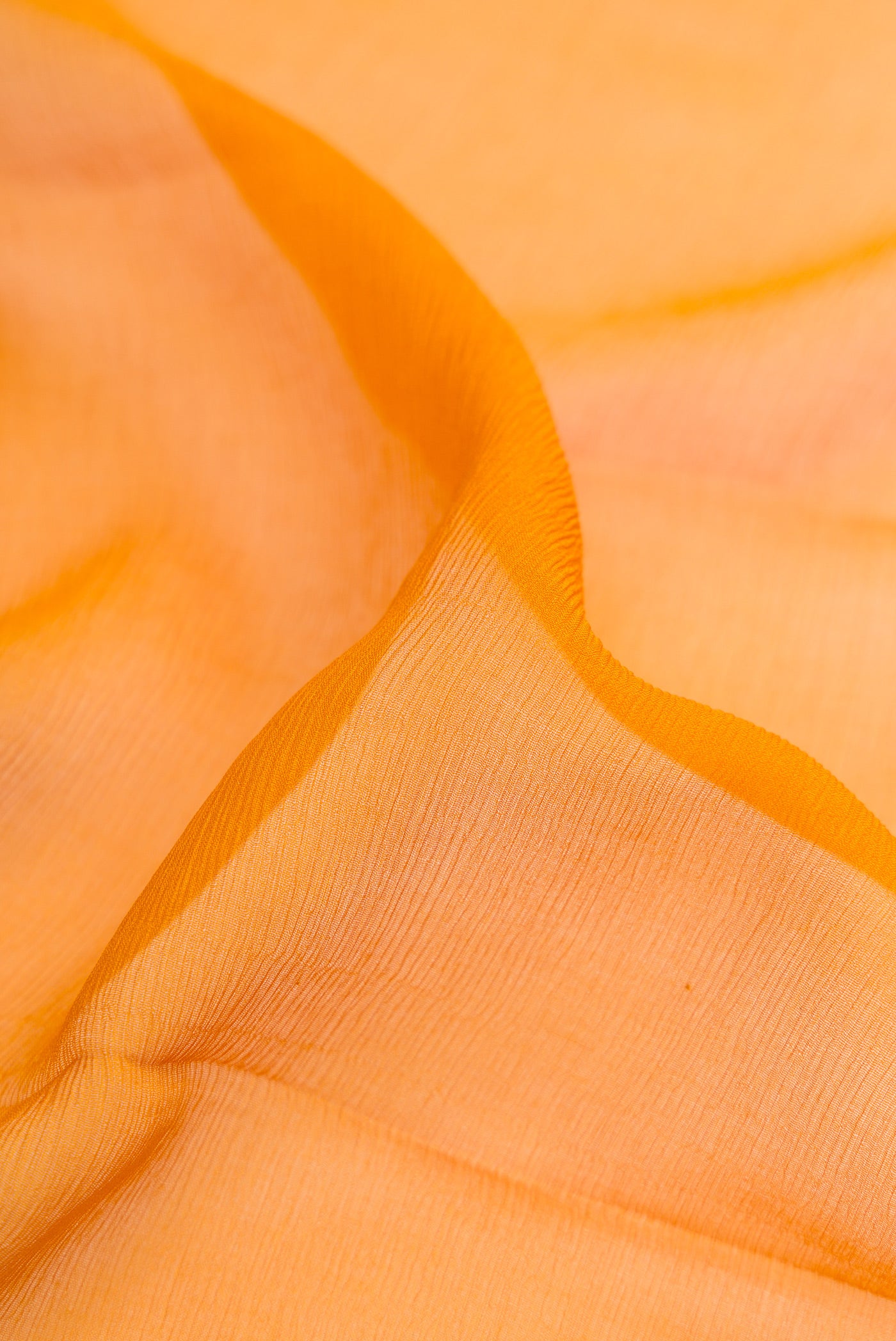 Close up of Mustard Mysore Chiffon Saree with Plain Body and Fancy Border.  displaying folds
