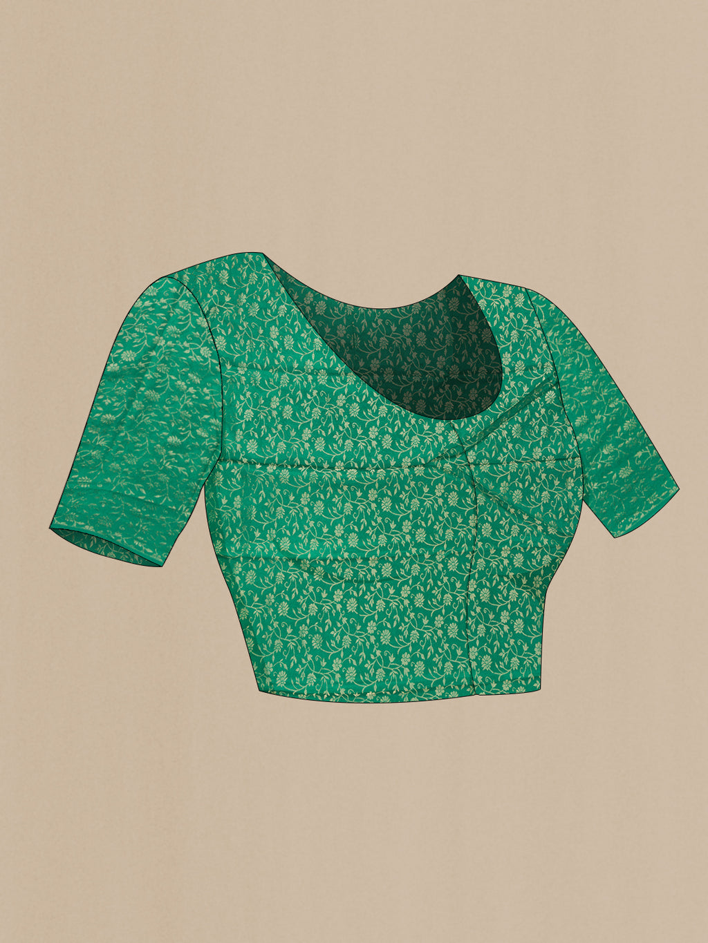 Close up image of the blouse of Green Mysore Chiffon Saree with Plain Body and Zari Border. 