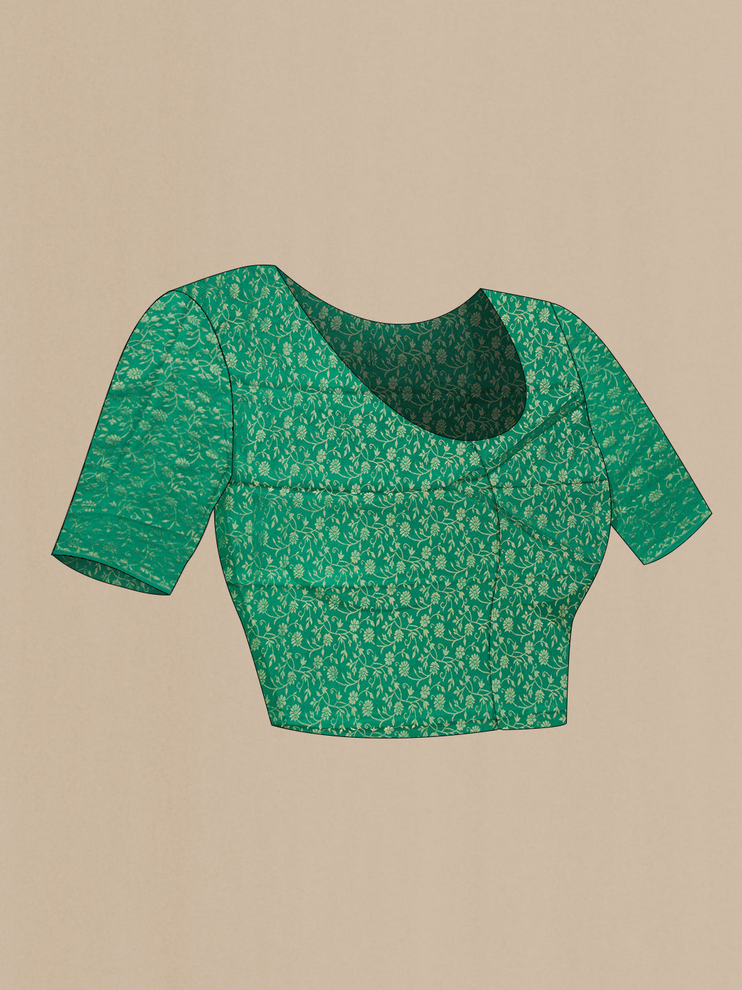 Close up image of the blouse of Green Mysore Chiffon Saree with Plain Body and Zari Border. 