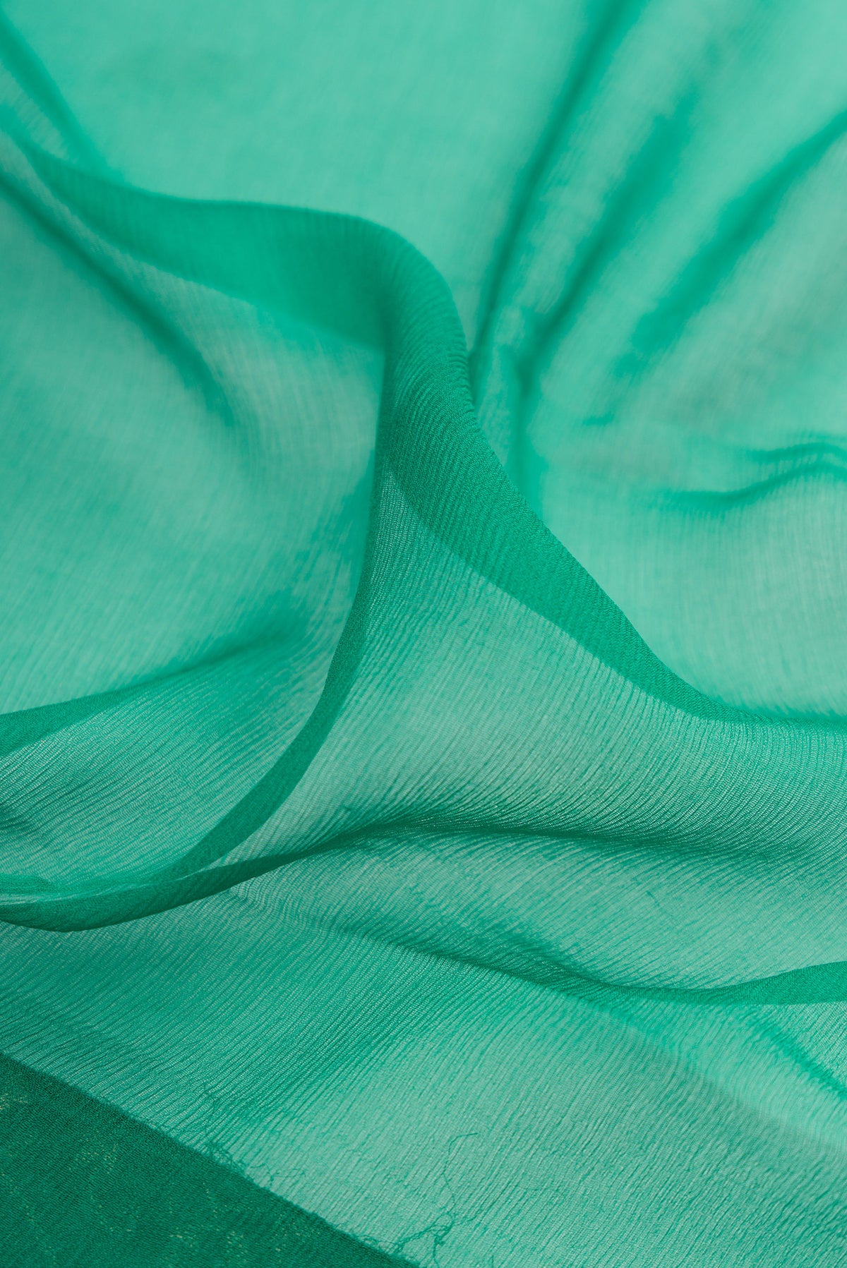Close up of Green Mysore Chiffon Saree with Plain Body and Zari Border.  displaying folds