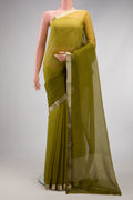 Mehandi Green Mysore Chiffon Saree with Plain Body and Zari Border.  displayed on a mannequin