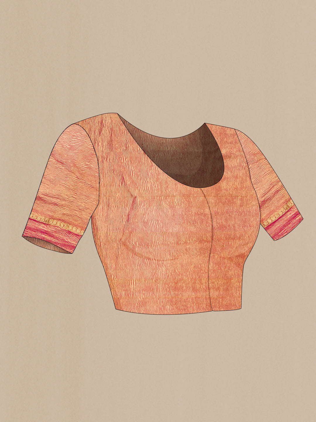 Close up image of the blouse of Pink Dual Tone Mysore Chiffon Saree with Plain Body and Zari Border. 