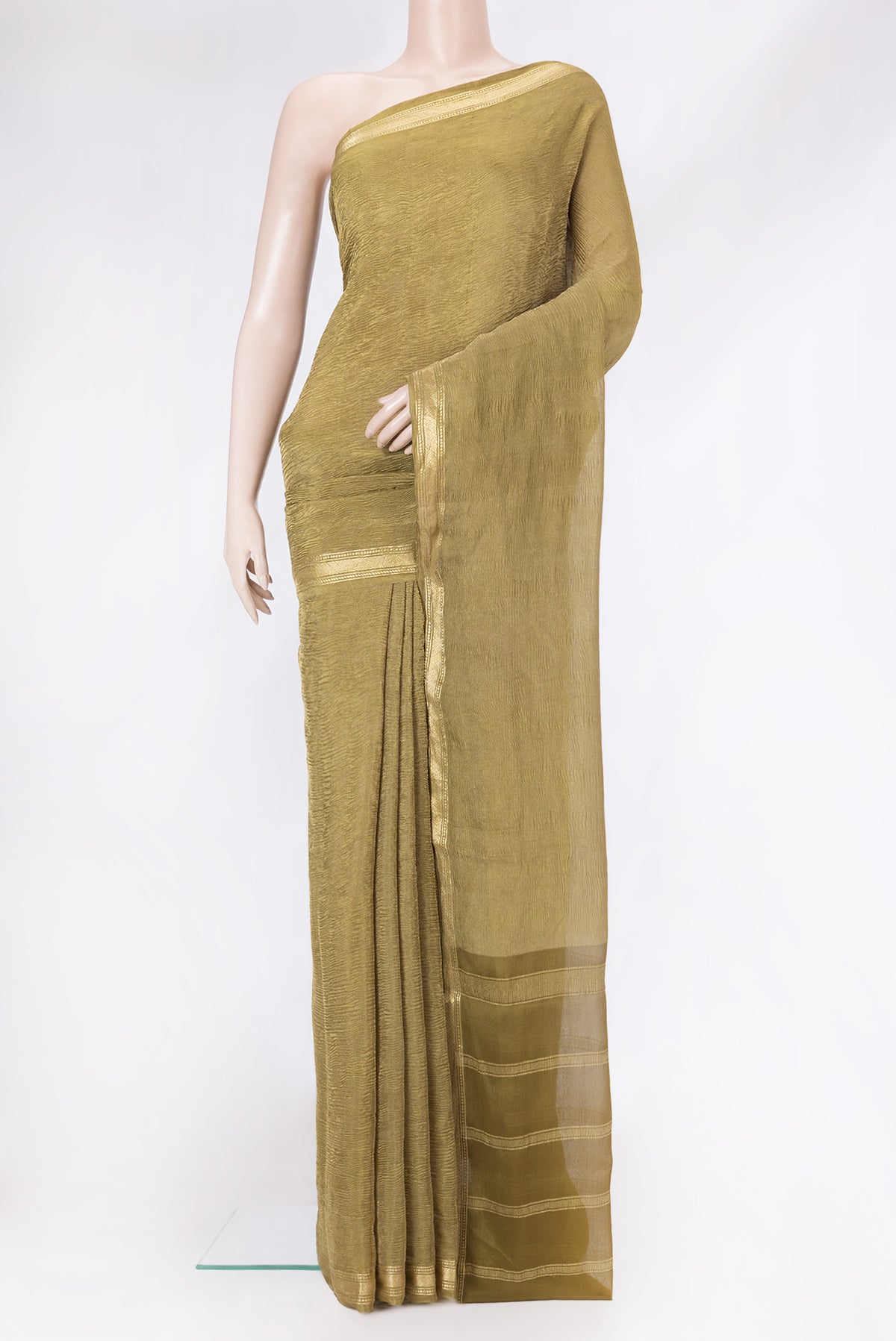 Mehandi Green Dual Tone Mysore Georgette Saree with Plain Body and Zari Border.  displayed on a mannequin