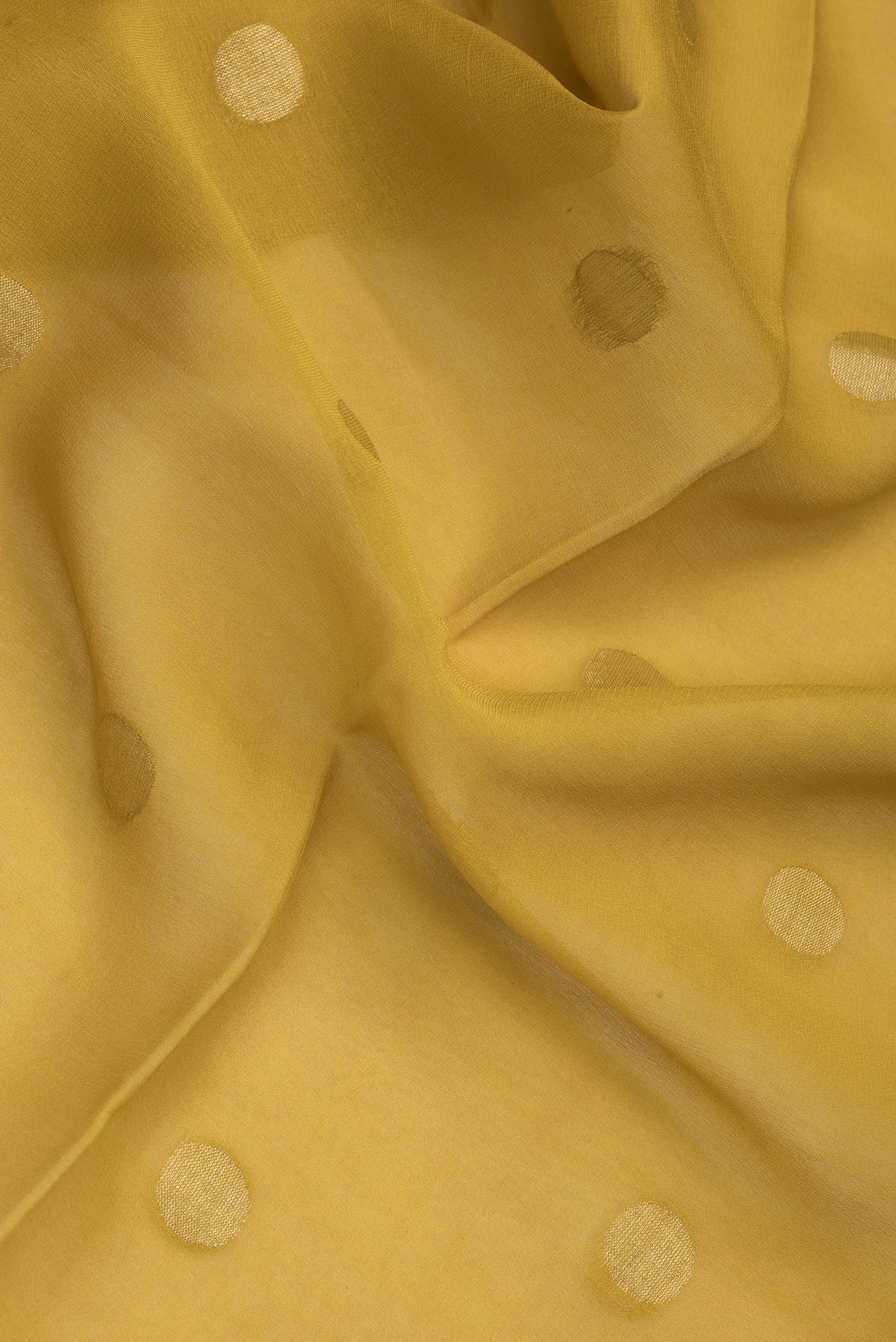 Close up of Mustard Dual Tone Mysore Georgette Saree with Zari Butta on the body and Zari Border.  displaying folds
