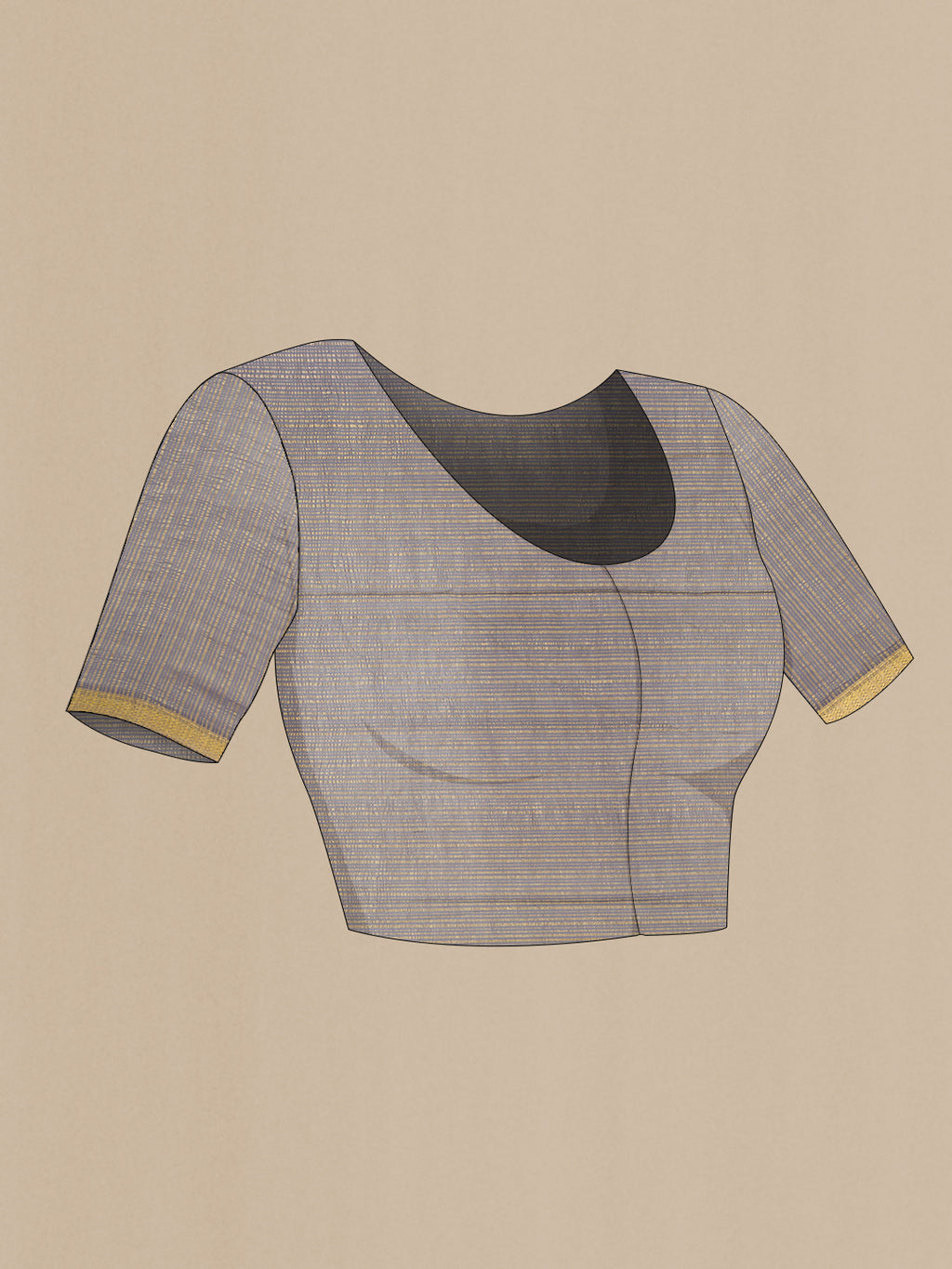 Close up image of the blouse of Grey Mysore Georgette Saree with Plain Body and Zari Border. 