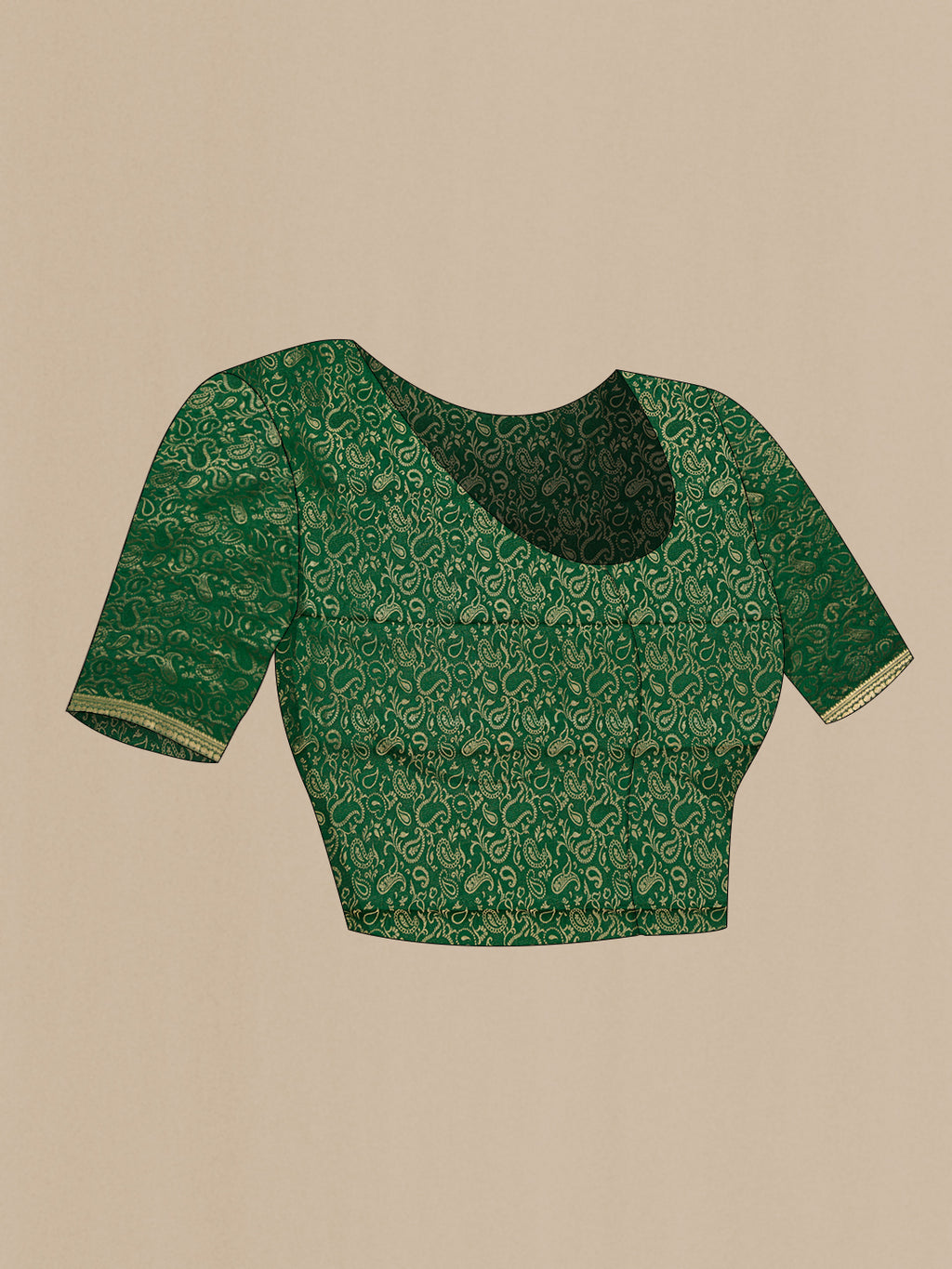 Close up image of the blouse of Bottle Green Mysore Georgette Saree with Plain Body and Zari Border. 