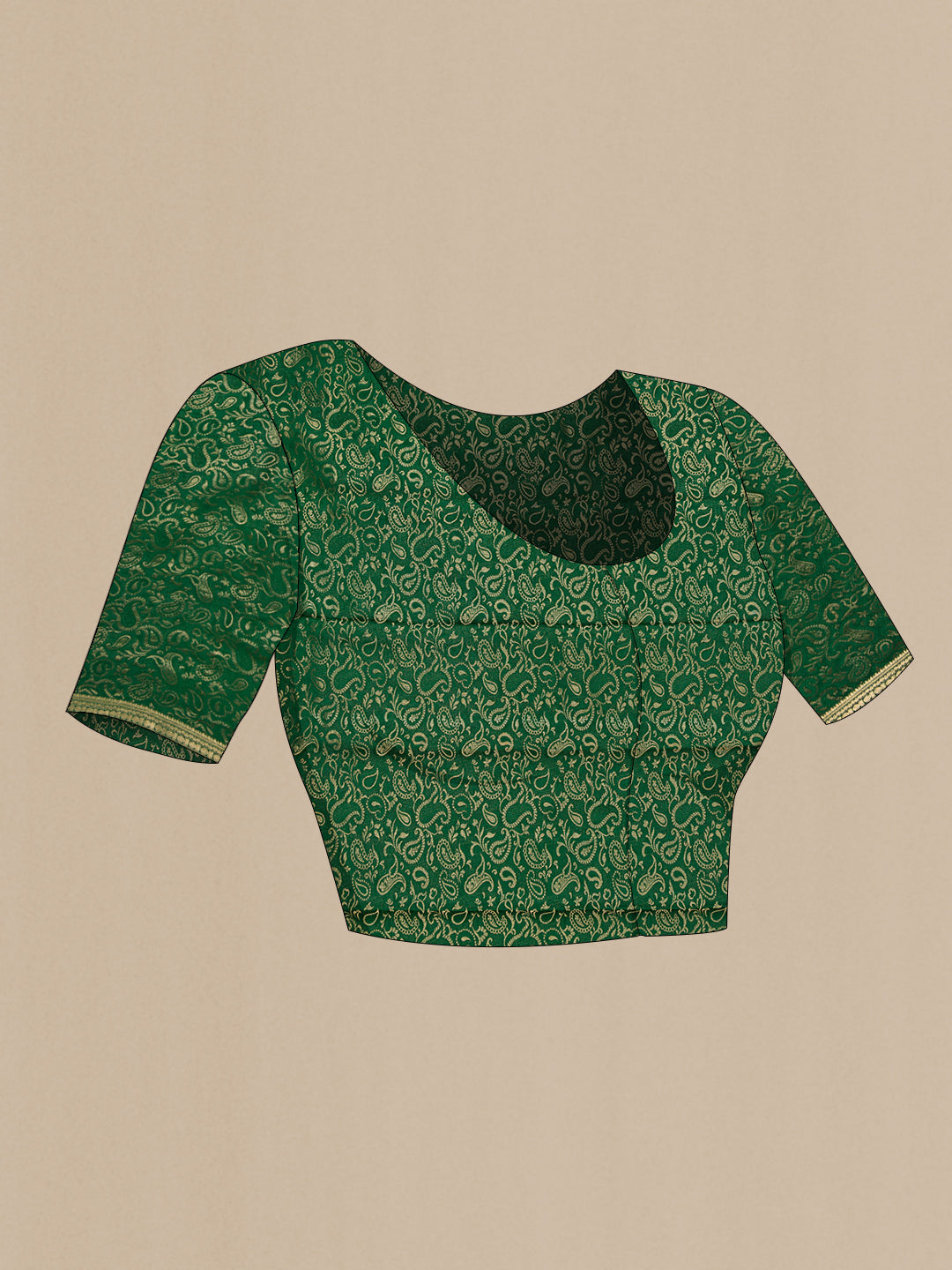 Close up image of the blouse of Bottle Green Mysore Georgette Saree with Plain Body and Zari Border. 