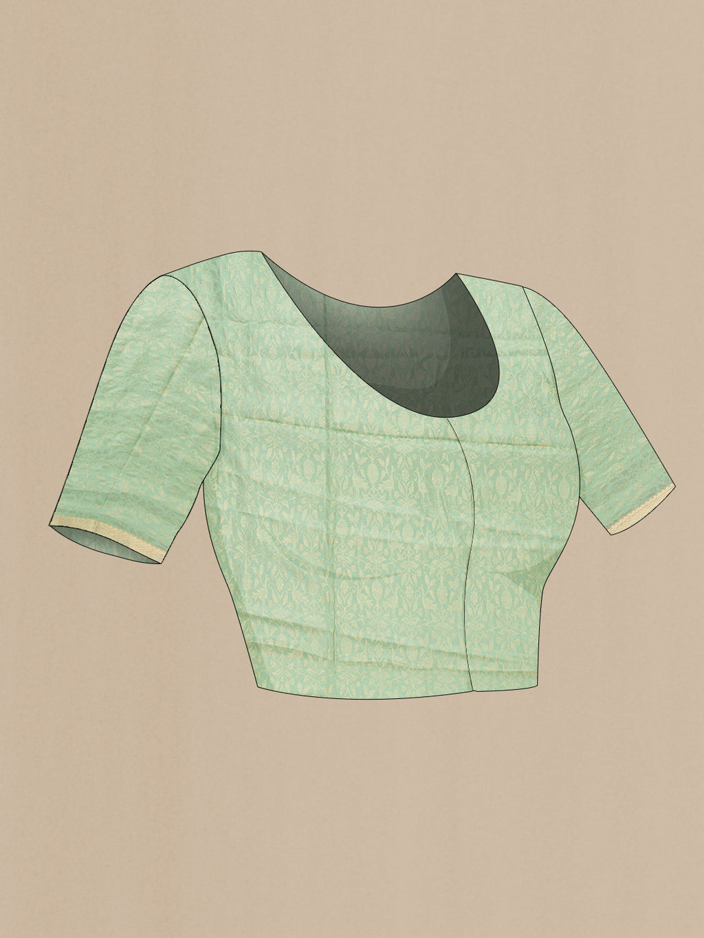 Close up image of the blouse of Light Green Dual Tone Georgette Saree with Plain Body and Zari Border. 
